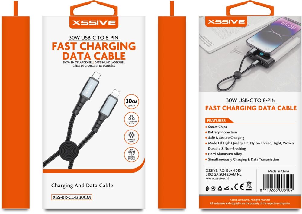 Xssive Braided Kabel 30W USB-C naar 8-Pin XSS-BR-CL-B-30CM - Zwart - Image 2